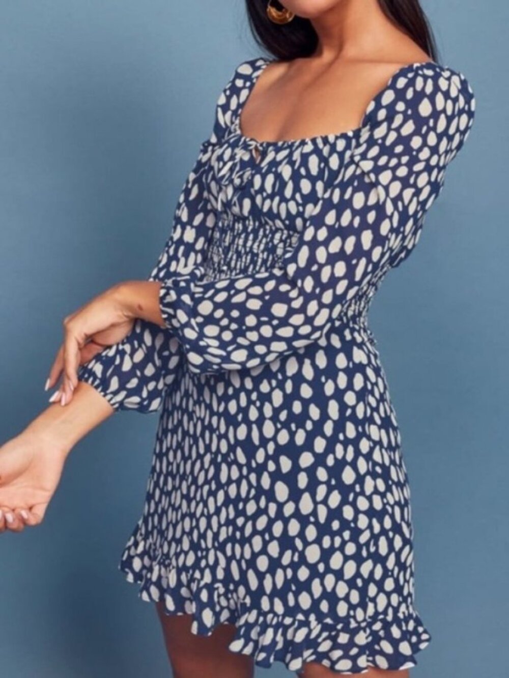 Reformation Rue Lolita Blue Splotch Print Long Sleeve Mini Dress US 2